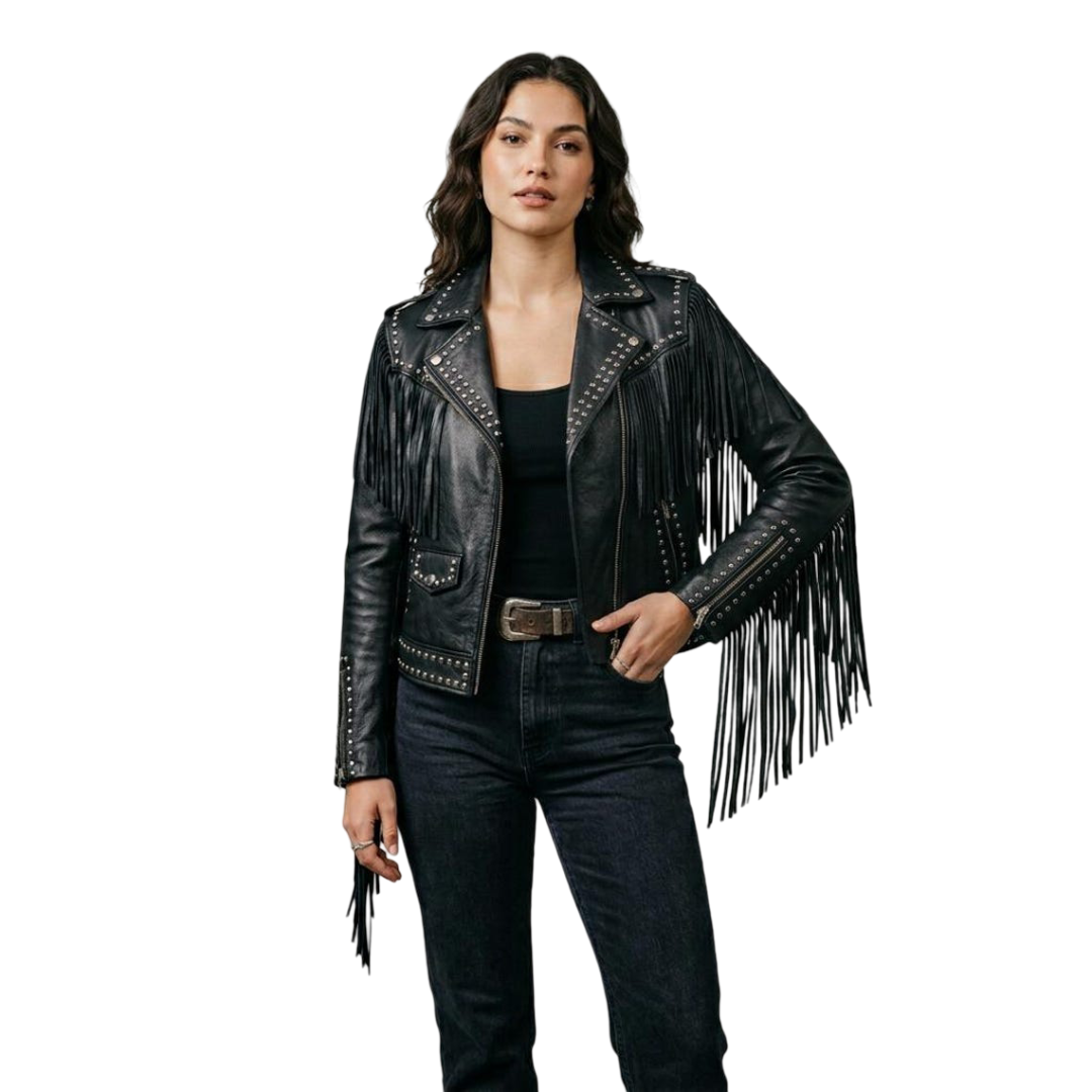 Front view of black fringe studded leather jacket for women with moto style design