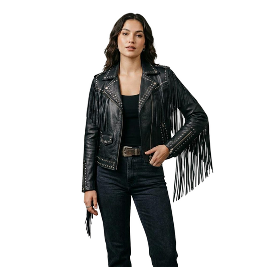 Front view of black fringe studded leather jacket for women with moto style design