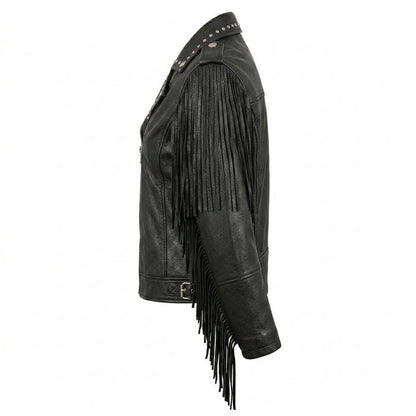 Side profile of black leather fringe studded moto jacket for women