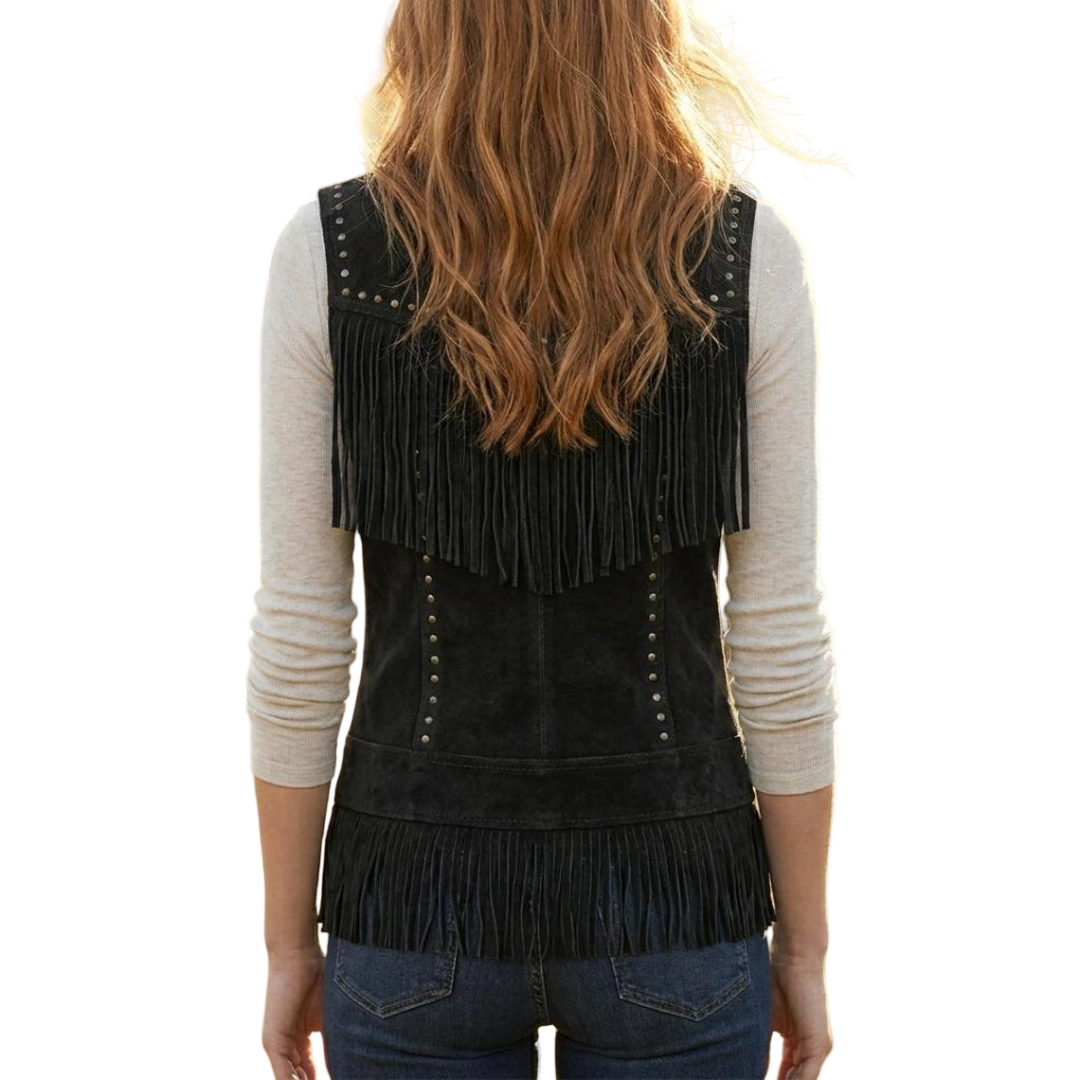 Back view of black suede fringe western jacket showing full tassel design