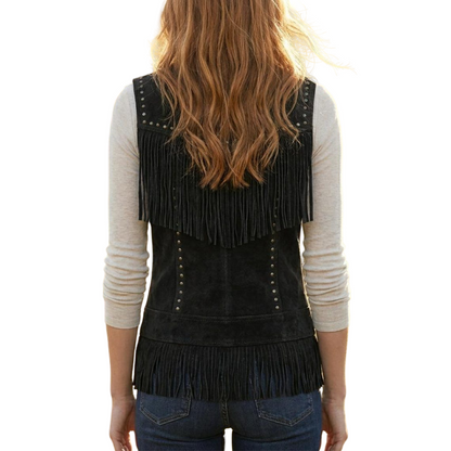 Back view of black suede fringe western jacket showing full tassel design