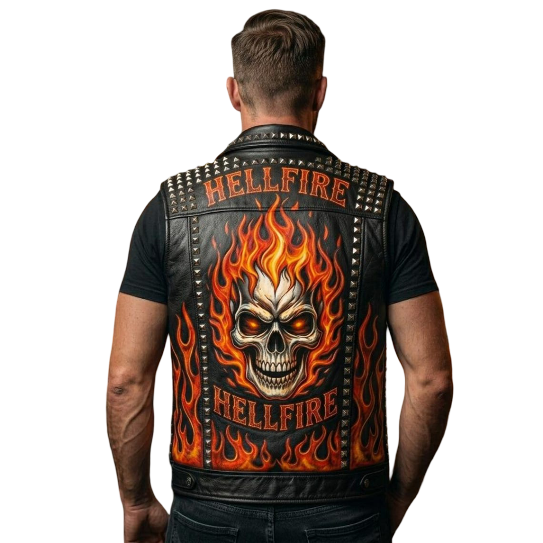 Back design of black Hellfire skull motorcycle leather vest