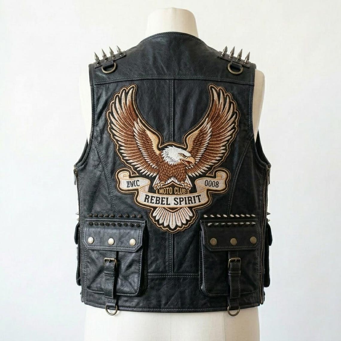 Back view of black leather biker vest with large eagle patch