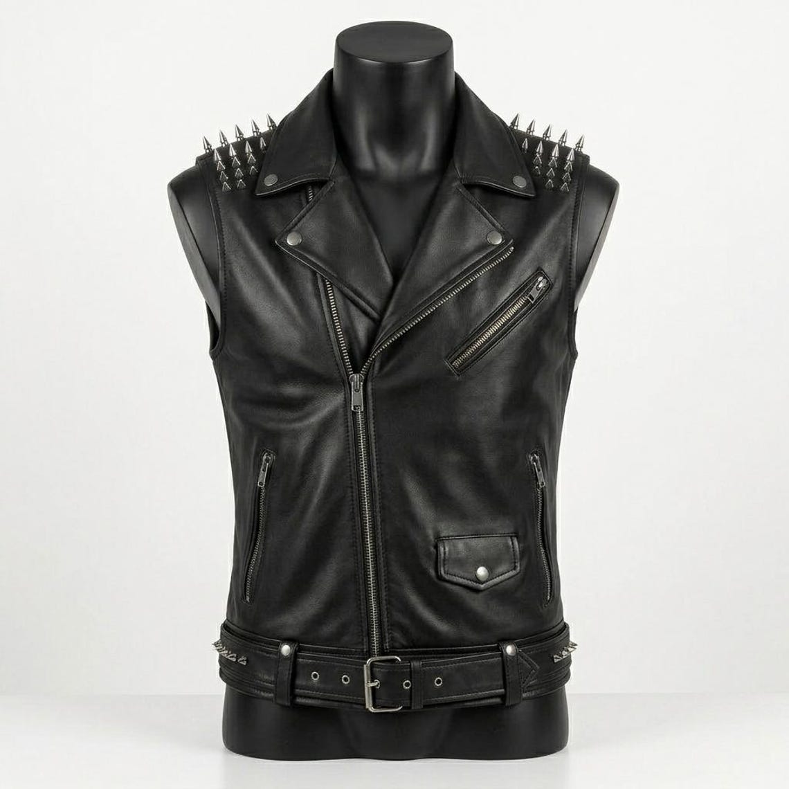Front view of men black leather biker vest with skull patch and studded shoulder