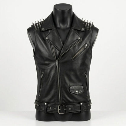 Front view of men black leather biker vest with skull patch and studded shoulder