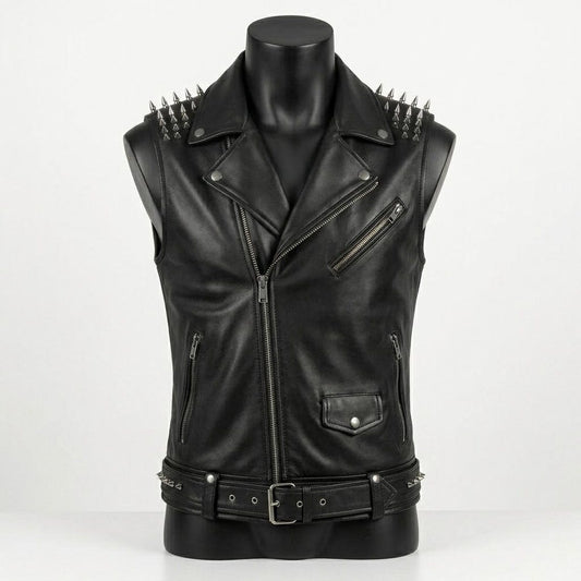 Front view of men black leather biker vest with skull patch and studded shoulder