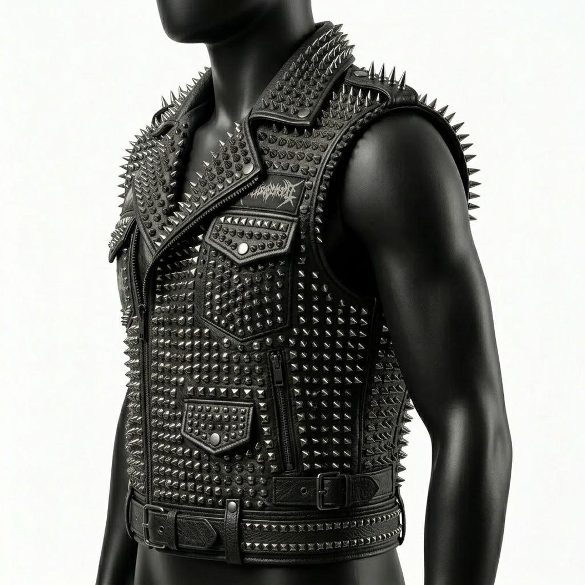 Side profile of men’s black leather biker waistcoat