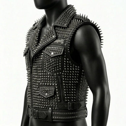 Side profile of men’s black leather biker waistcoat
