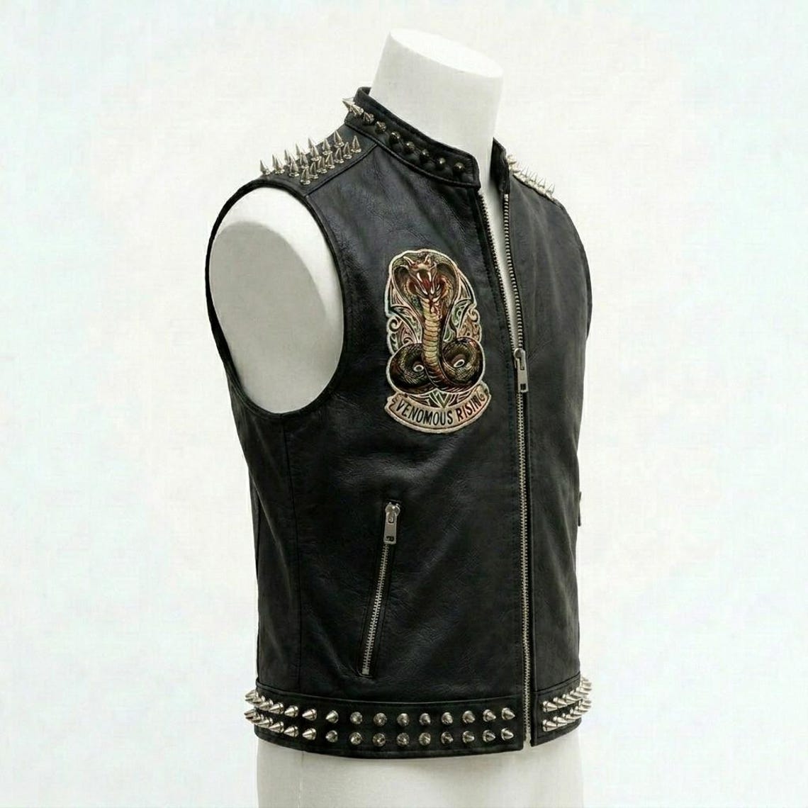 Side view of men black leather biker waistcoat in genuine leather