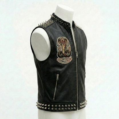 Side view of men black leather biker waistcoat in genuine leather