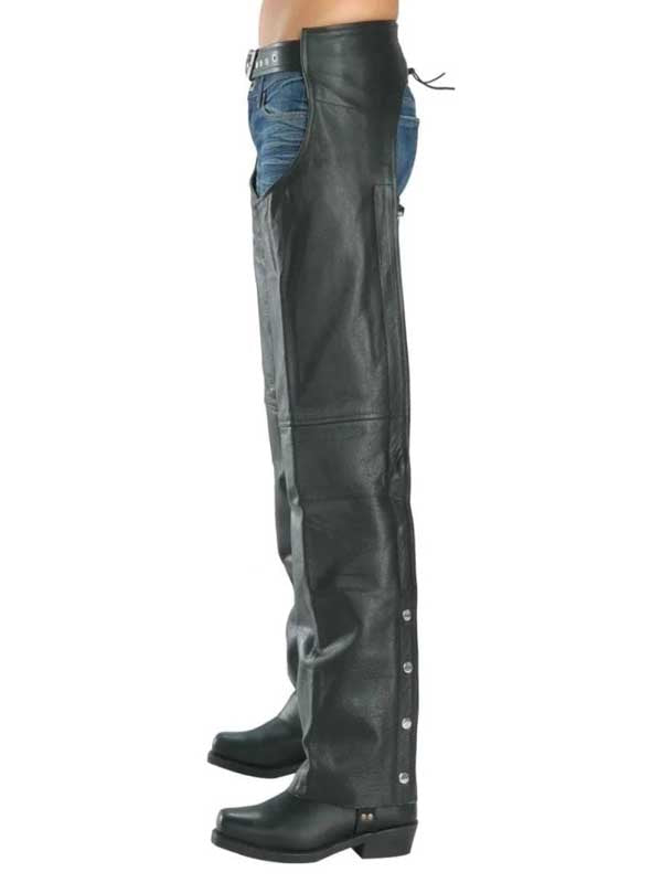 Black lambskin leather chaps featuring zippered leg closures.