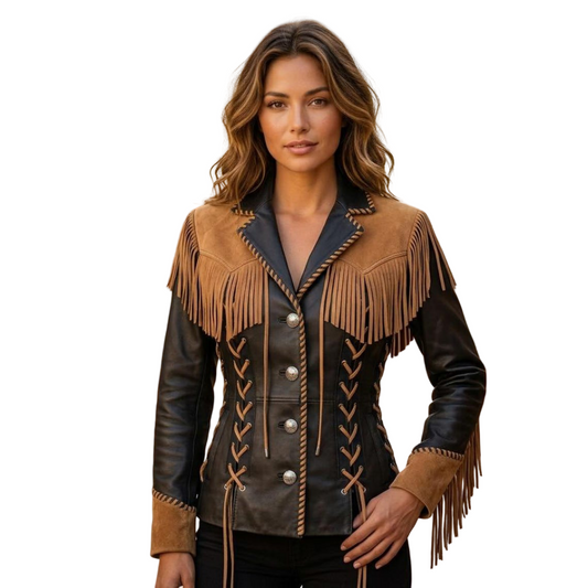 Front view of black leather fringe jacket for women with corset fit