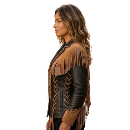 Side view of black leather fringe jacket for women with corset fit and suede accents showcasing flattering silhouette and fringe detail
