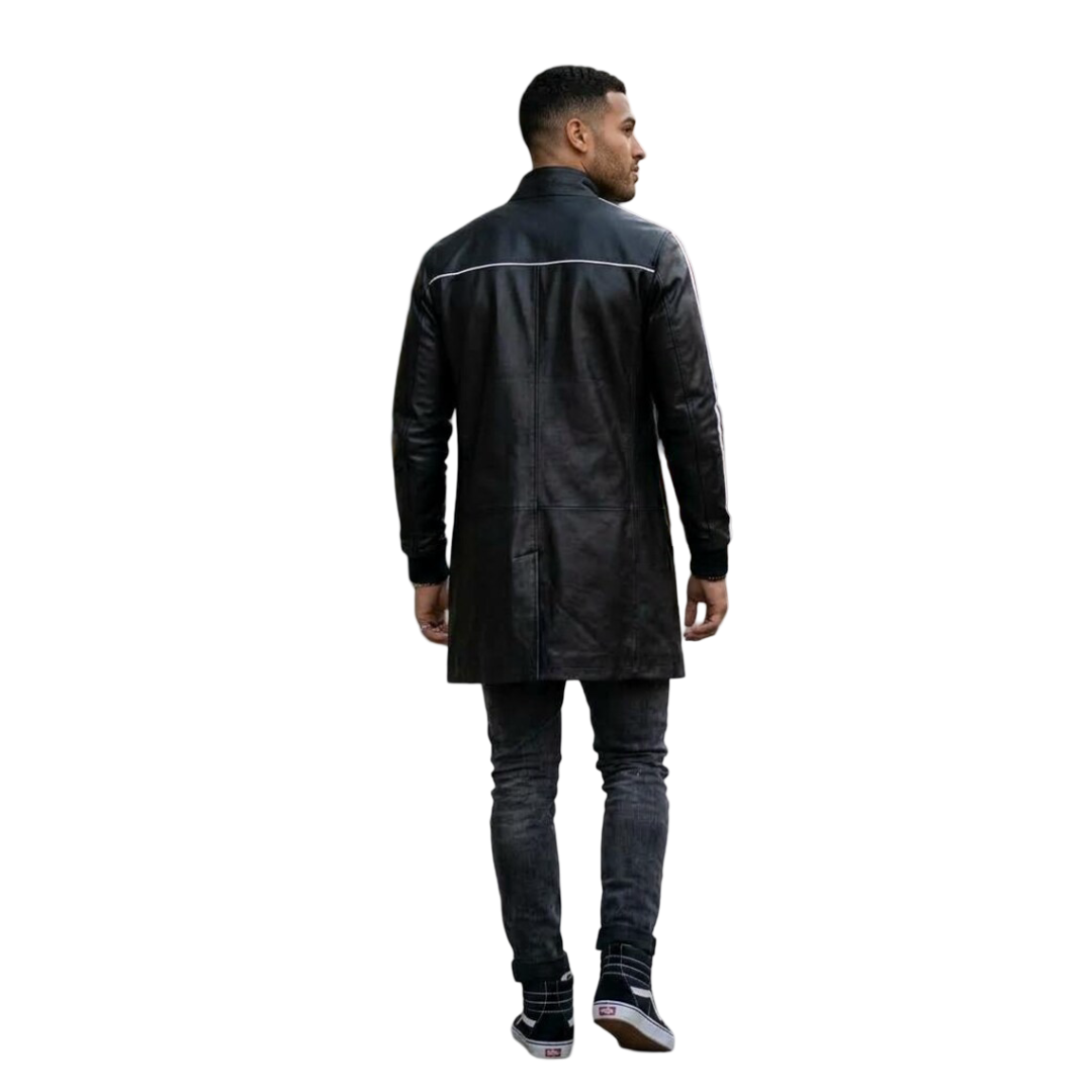 Back view of men black slim fit leather jacket