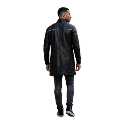 Back view of men black slim fit leather jacket