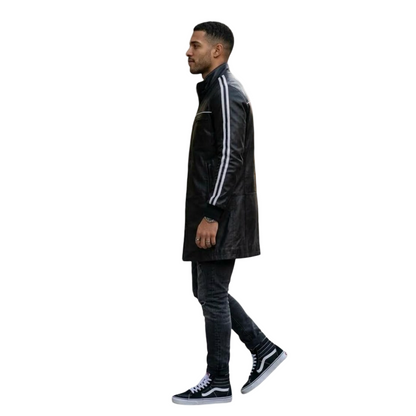 Side view of men black leather jacket with stripe sleeve