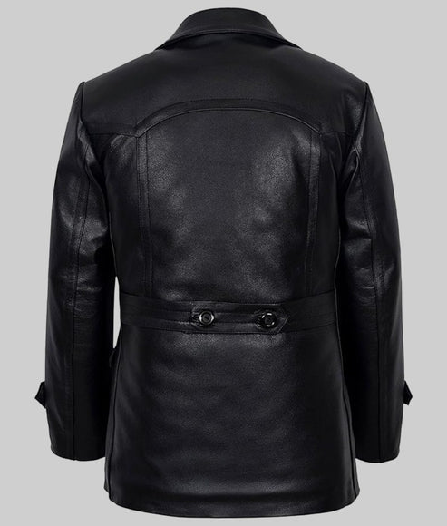 Back view of modern fit black leather peacoat for men