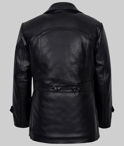 Back view of modern fit black leather peacoat for men
