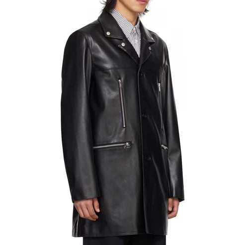 Side profile of mens black leather trench coat