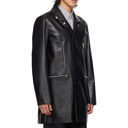 Side profile of mens black leather trench coat