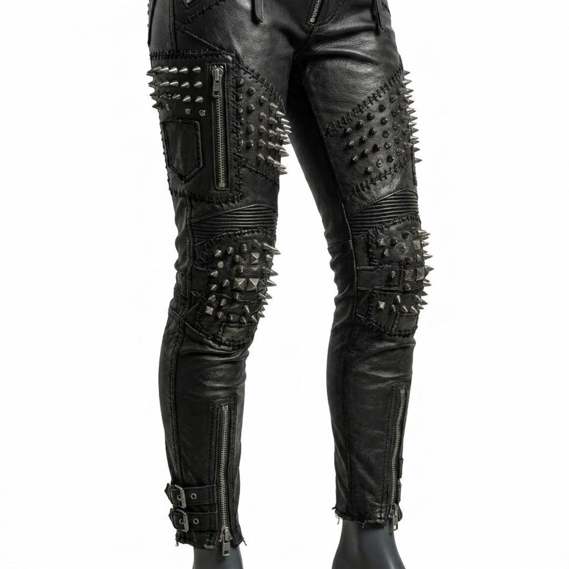  Side profile of womens black studded leather pant showing skinny fit