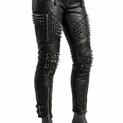  Side profile of womens black studded leather pant showing skinny fit