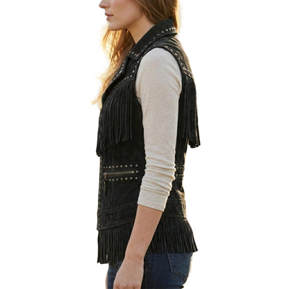 Side profile of women black suede boho cowboy jacket with fringe tassels