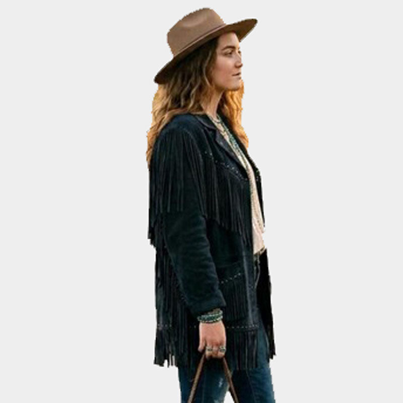 Women Black Suede Leather Fringe Jacket Vintage Western Style
