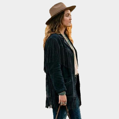 Women Black Suede Leather Fringe Jacket Vintage Western Style