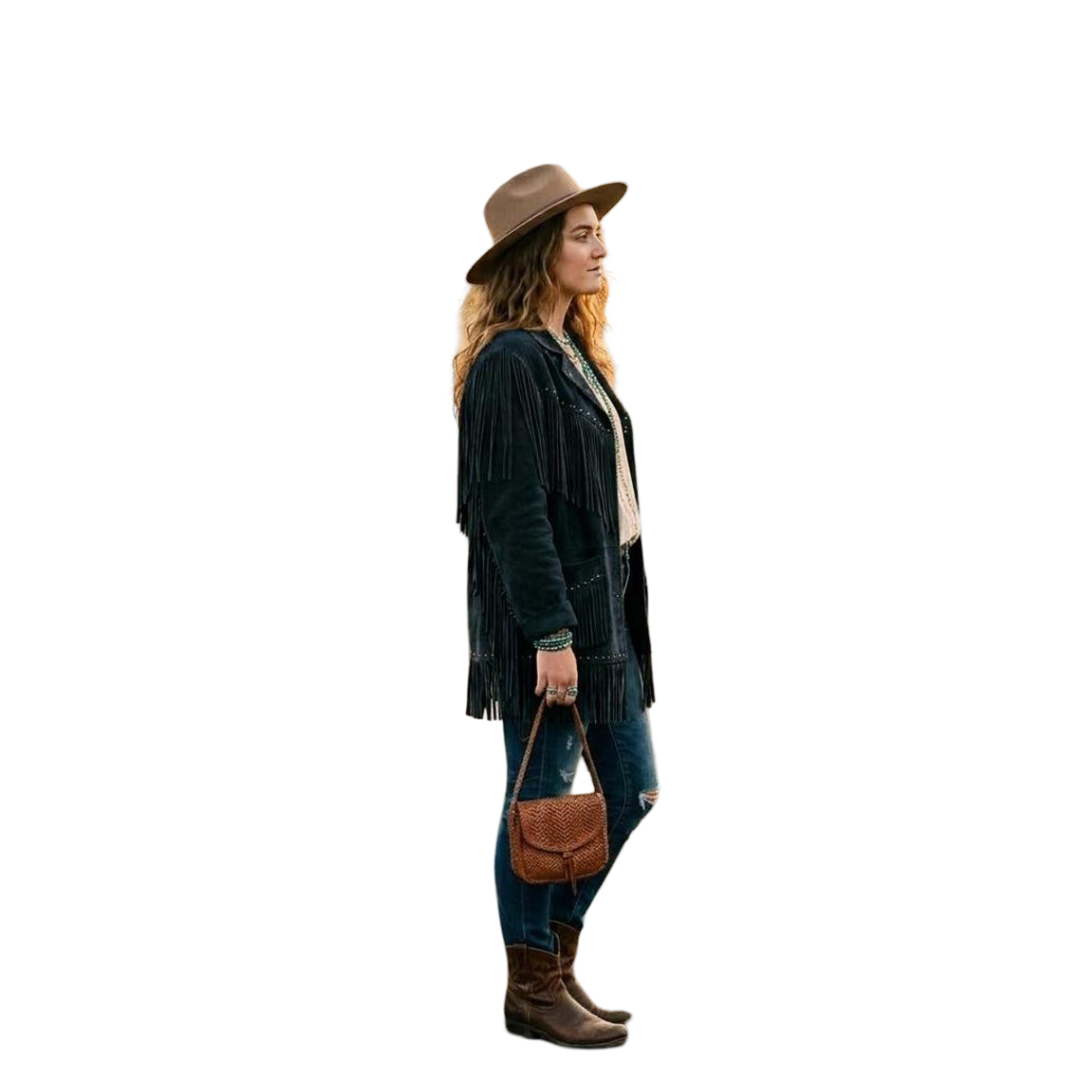 Side profile of black suede fringe jacket with long flowing fringe