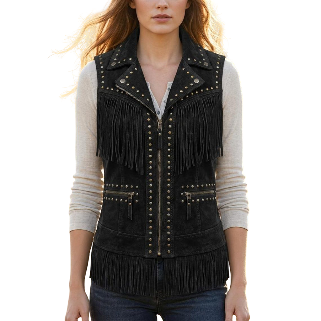 Front view of black suede fringe western jacket for women with long tassel detailing