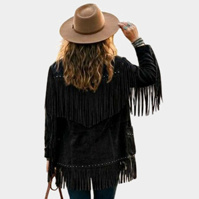 Women Black Suede Leather Fringe Jacket Vintage Western Style