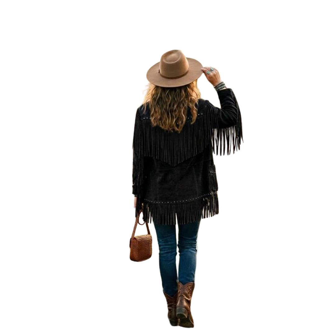 Back view of women black suede leather fringe jacket with long western fringe detailing
