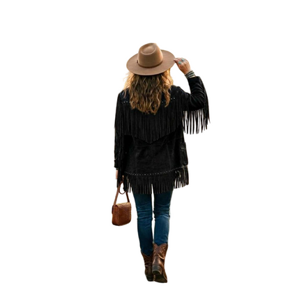 Back view of women black suede leather fringe jacket with long western fringe detailing