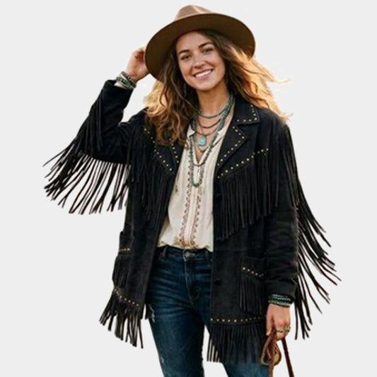 Women Black Suede Leather Fringe Jacket Vintage Western Style