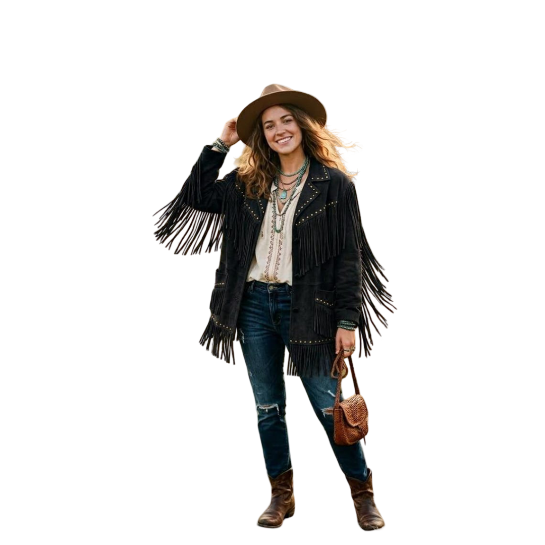 Women black suede leather fringe jacket front view with western detailing