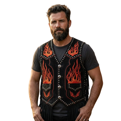 Front view of black suede leather fringe vest with red flame embroidery