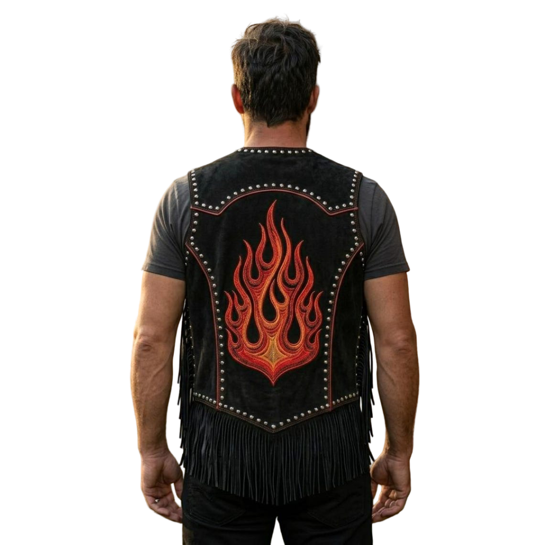  Back view of black suede leather fringe biker waistcoat