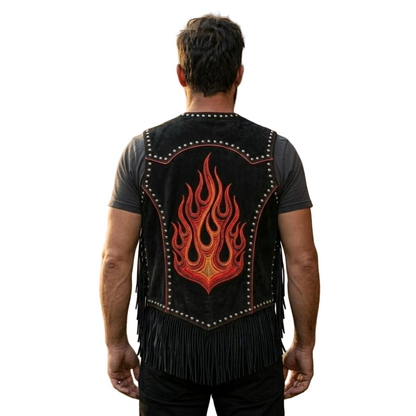  Back view of black suede leather fringe biker waistcoat