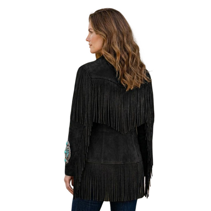 Back detail of black suede western fringe coat showing flowing fringe


