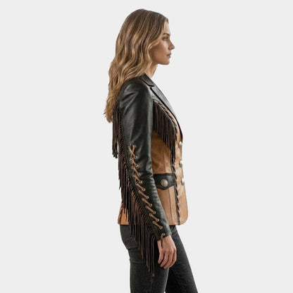 Black Tan Fringe Leather Jacket Women Cowgirl Corset Blazer