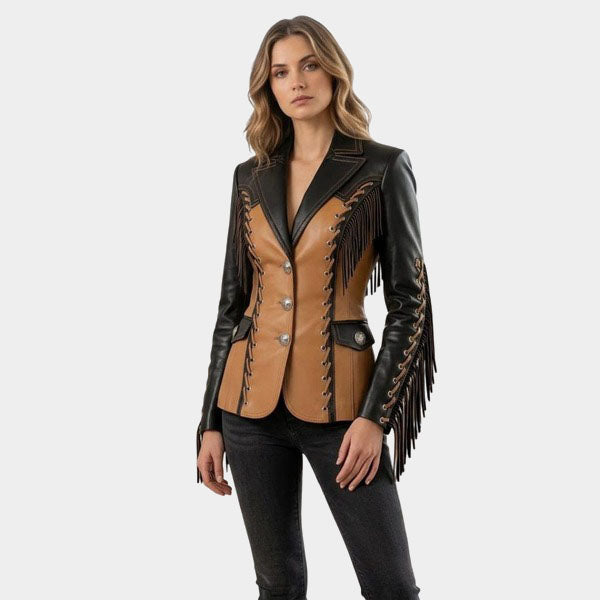Black Tan Fringe Leather Jacket Women Cowgirl Corset Blazer