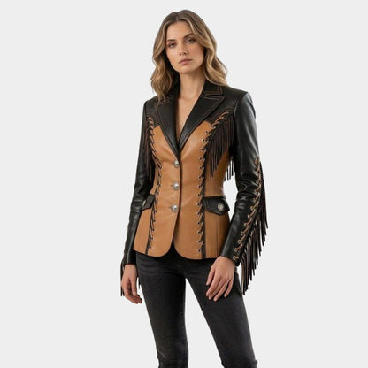 Black Tan Fringe Leather Jacket Women Cowgirl Corset Blazer