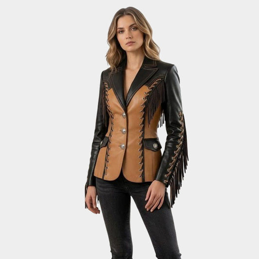 Black Tan Fringe Leather Jacket Women Cowgirl Corset Blazer