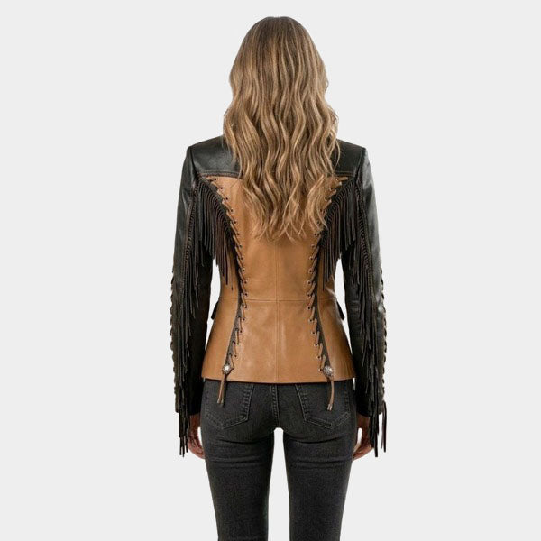 Black Tan Fringe Leather Jacket Women Cowgirl Corset Blazer