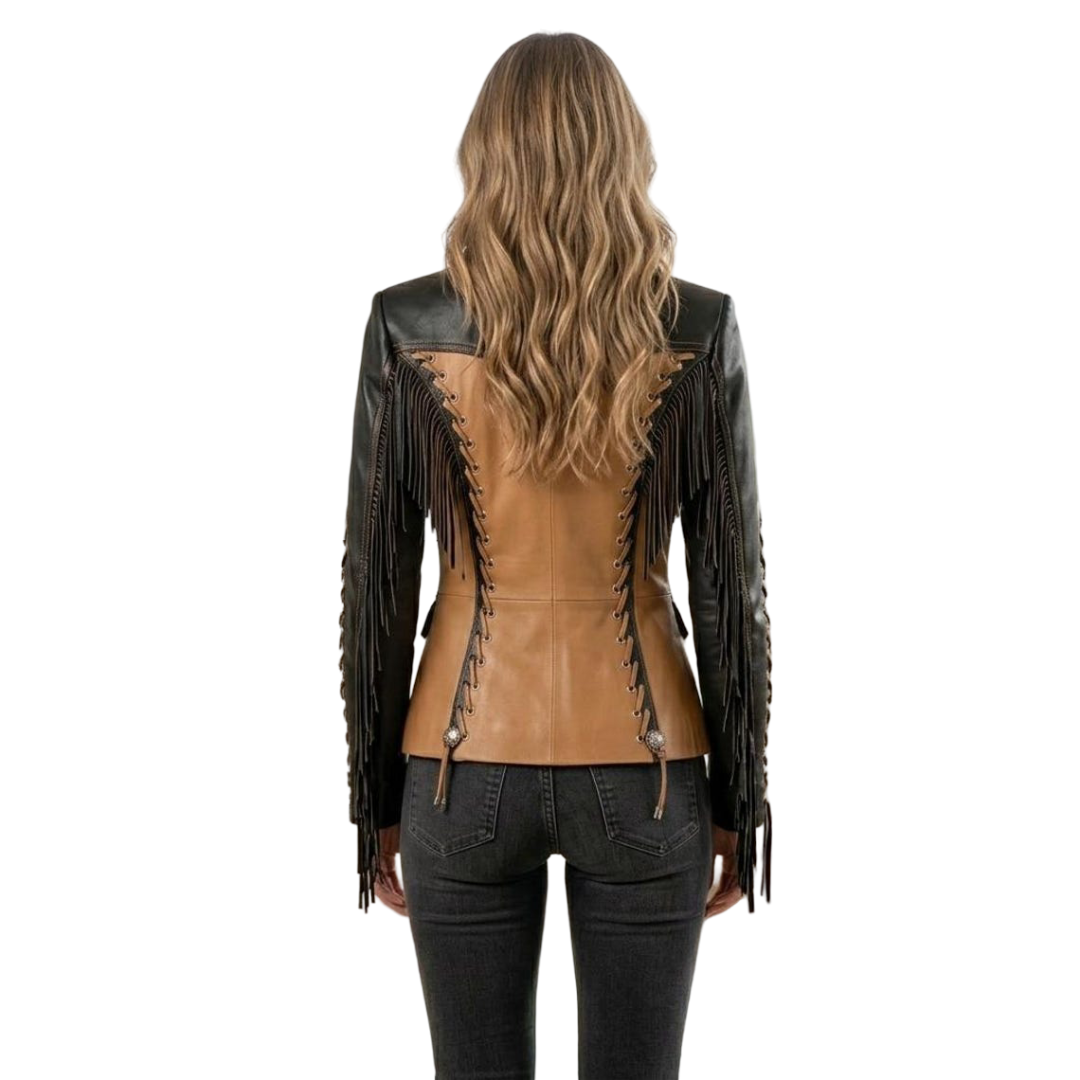 Black and tan genuine leather cowgirl jacket with flowing fringe