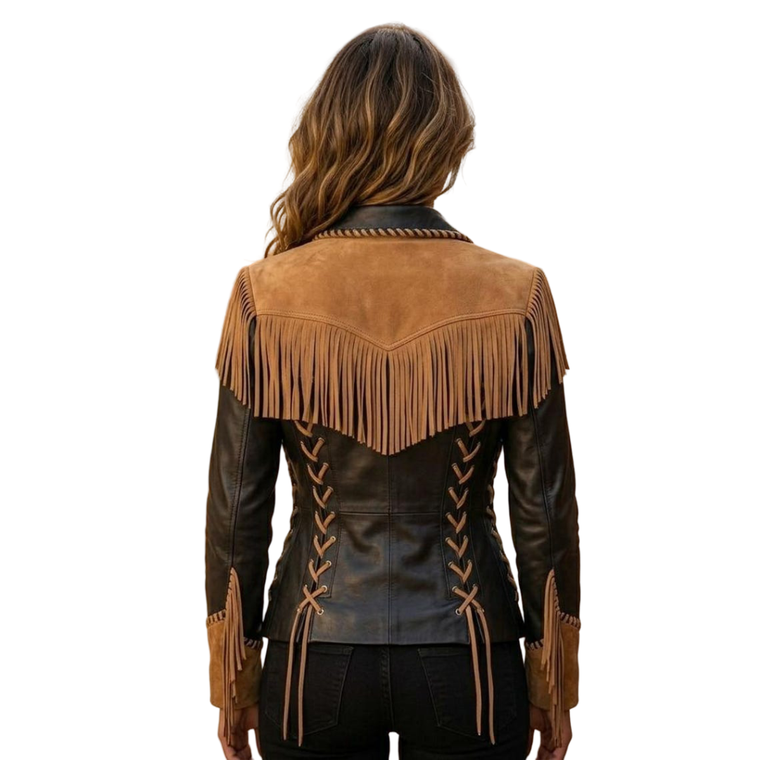 Back view of black Western fringe jacket for women
