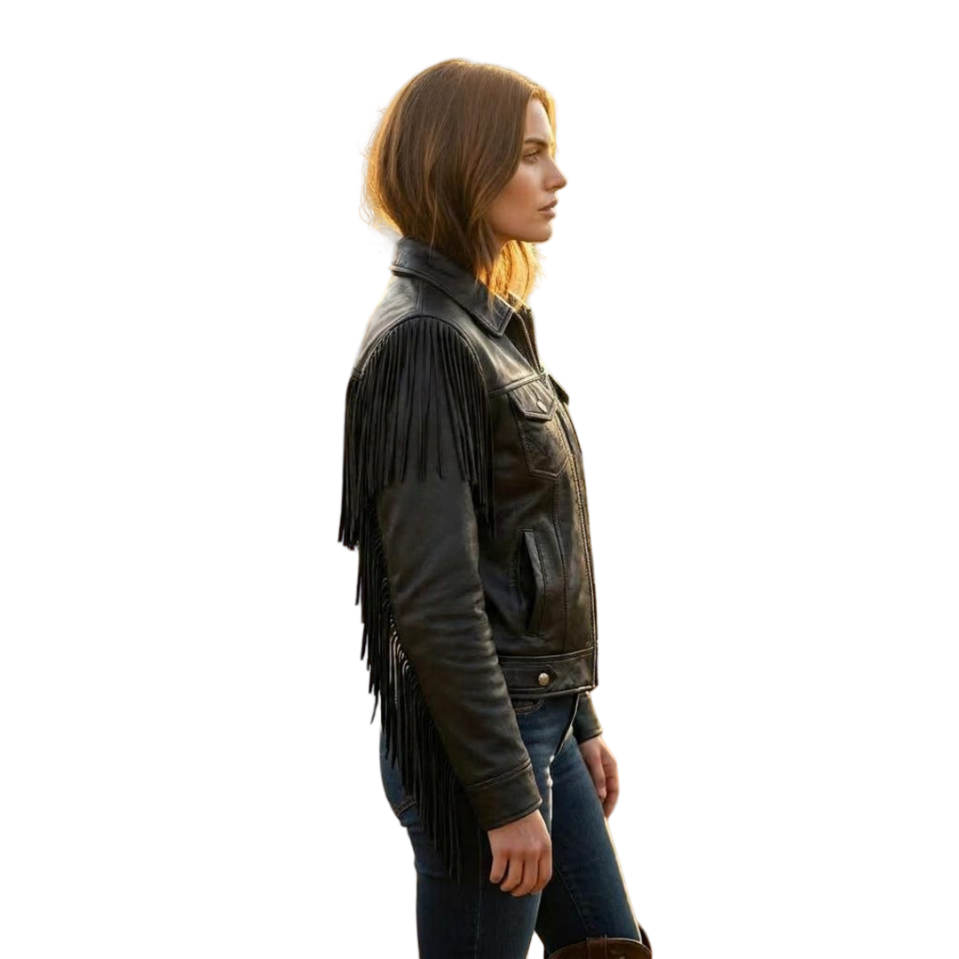 Side angle of black western fringe leather jacket for women