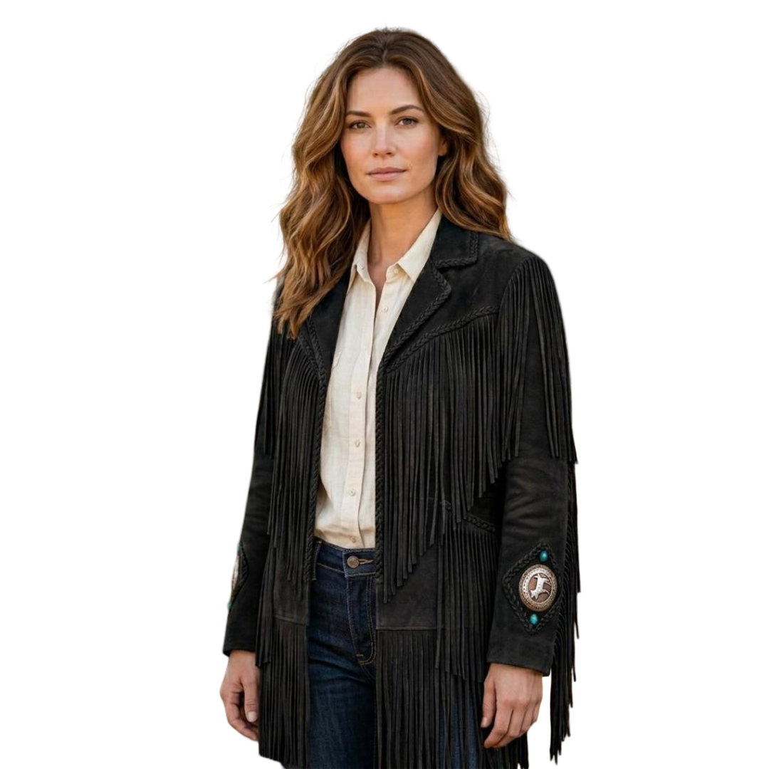 Front view of black western fringe suede leather coat for women


