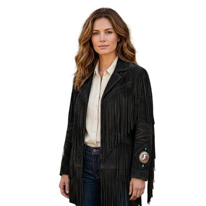 Front view of black western fringe suede leather coat for women

